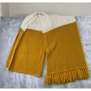 Granny Blanket Mustard Yellow Cream Crochette Fringe Lap Blanket Handmade
